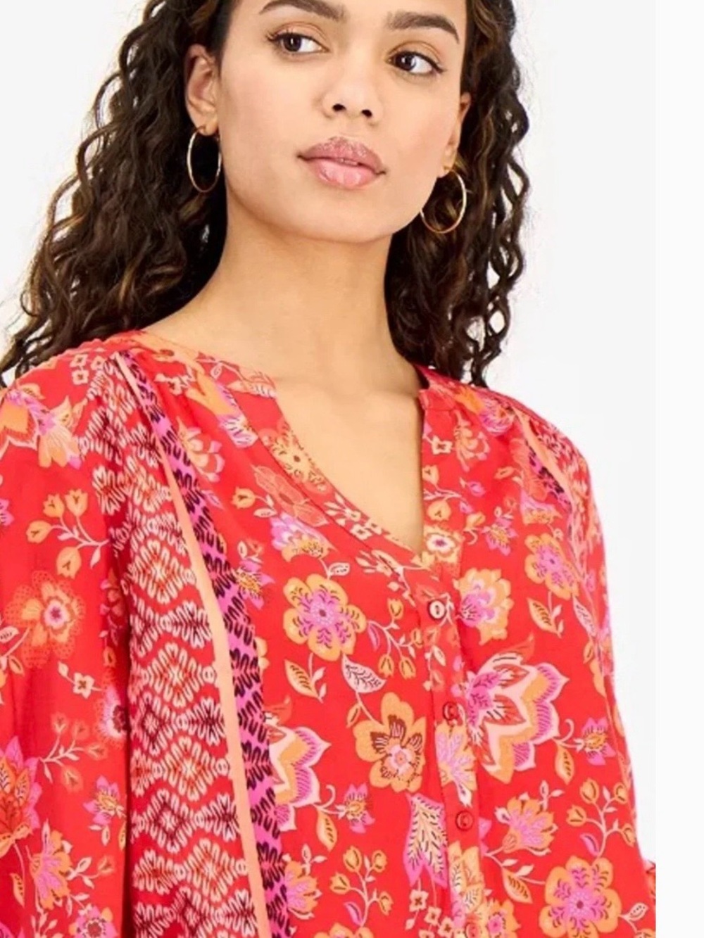 NEW Liverpool Red orange Floral V-Neck Blouse with Pink Accents bohemian 3X